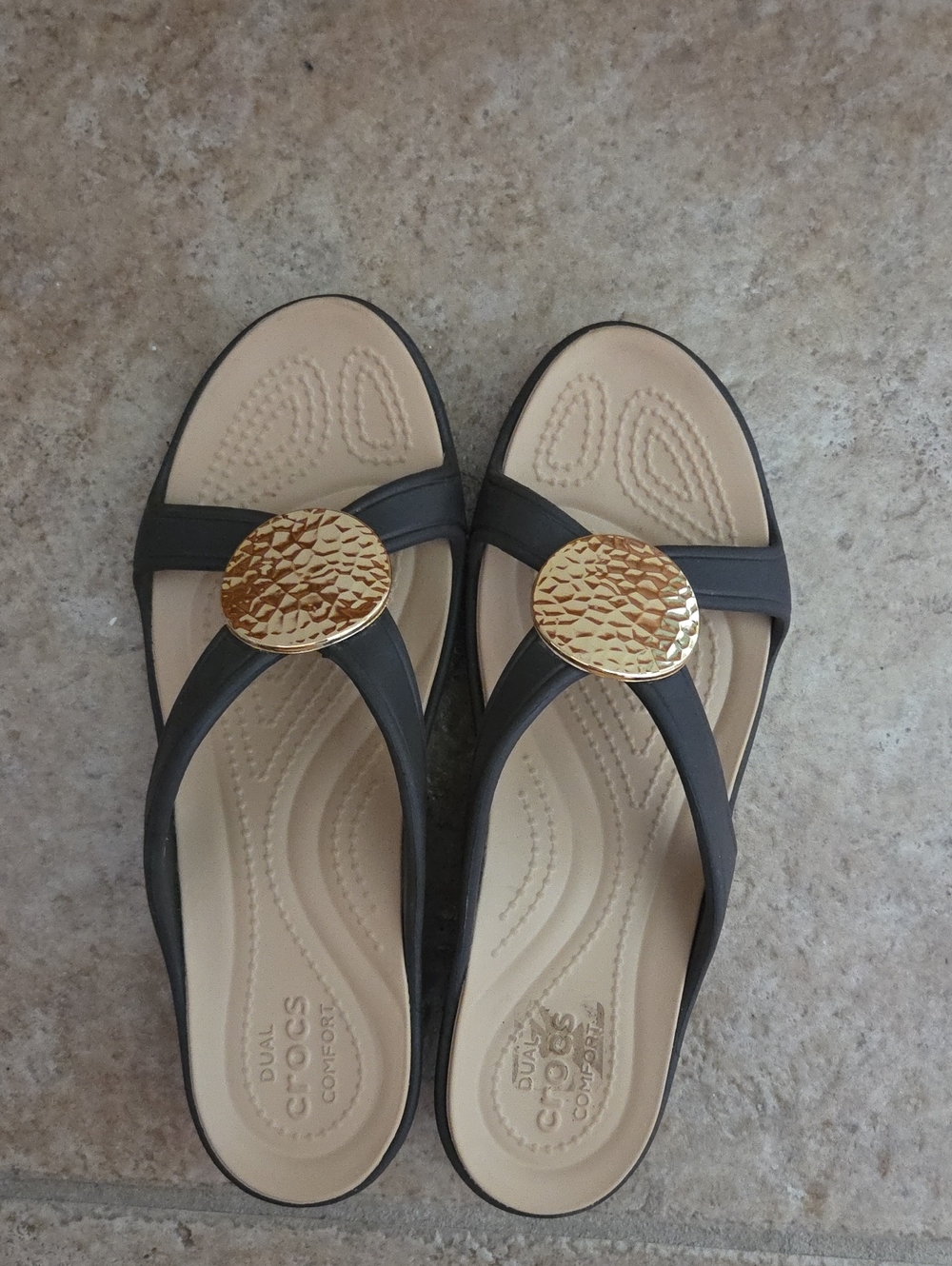 CROCS Dual Brown with Gold Medallion Sandals - Picture 2 of 9
